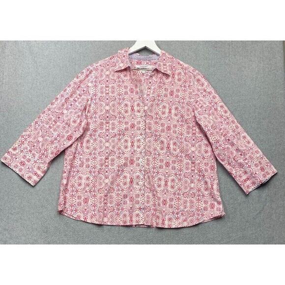 Foxcroft Shirt Womens XXL Pink Easy Care Button Batik Bandana Print 3/4 Sleeve - Picture 1 of 13